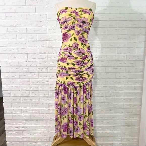 ASOS Design Mesh Ruched Bandeau Strapless Maxi Floral Dress Size 6 - Picture 5 of 14